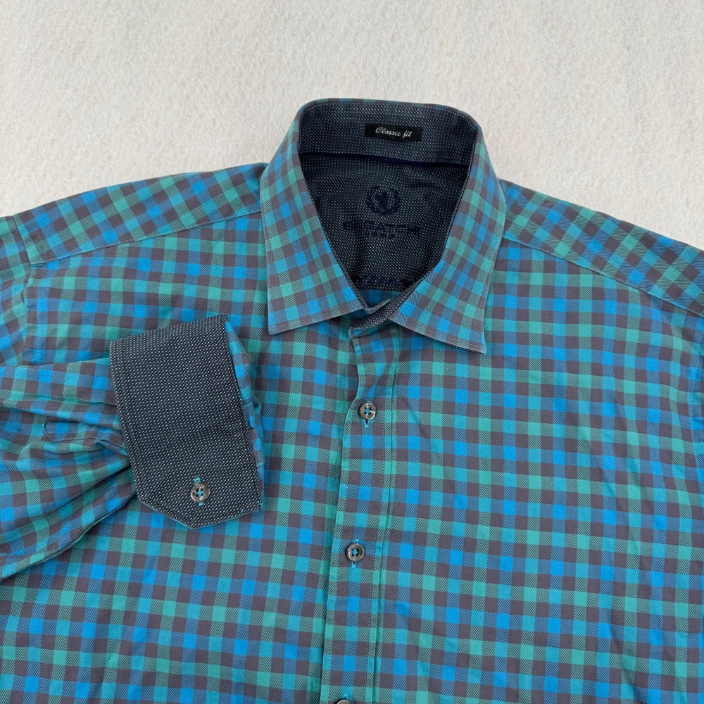 Bugatchi Uomo Mens L Classic Fit Long Sleeve Button Down Green/Blue Gingham
